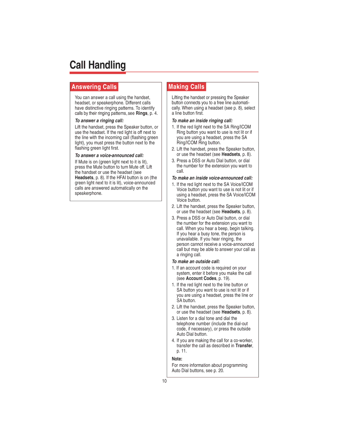 Lucent Technologies 108522426 manual Call Handling, Answering Calls, Making Calls 