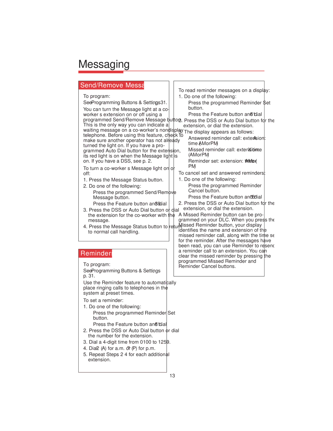 Lucent Technologies 108522426 manual Send/Remove Message, Reminders 