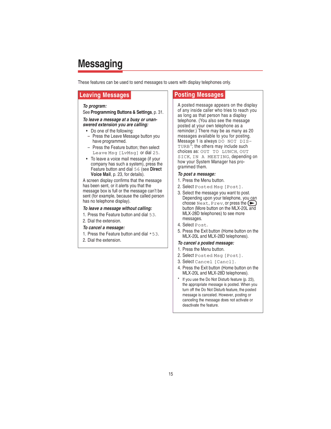 Lucent Technologies 108522426 manual Leaving Messages, Posting Messages 