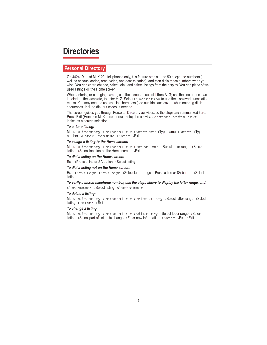 Lucent Technologies 108522426 manual Personal Directory 