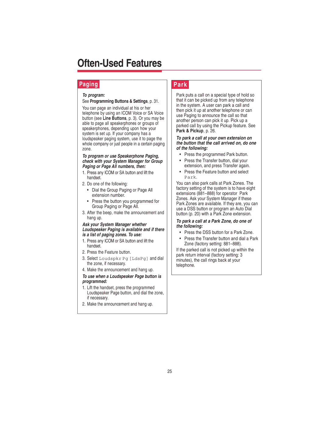 Lucent Technologies 108522426 manual Paging, Park, To use when a Loudspeaker Page button is programmed 