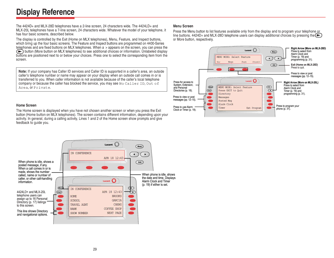 Lucent Technologies 108522426 manual Home Screen, Menu Screen 