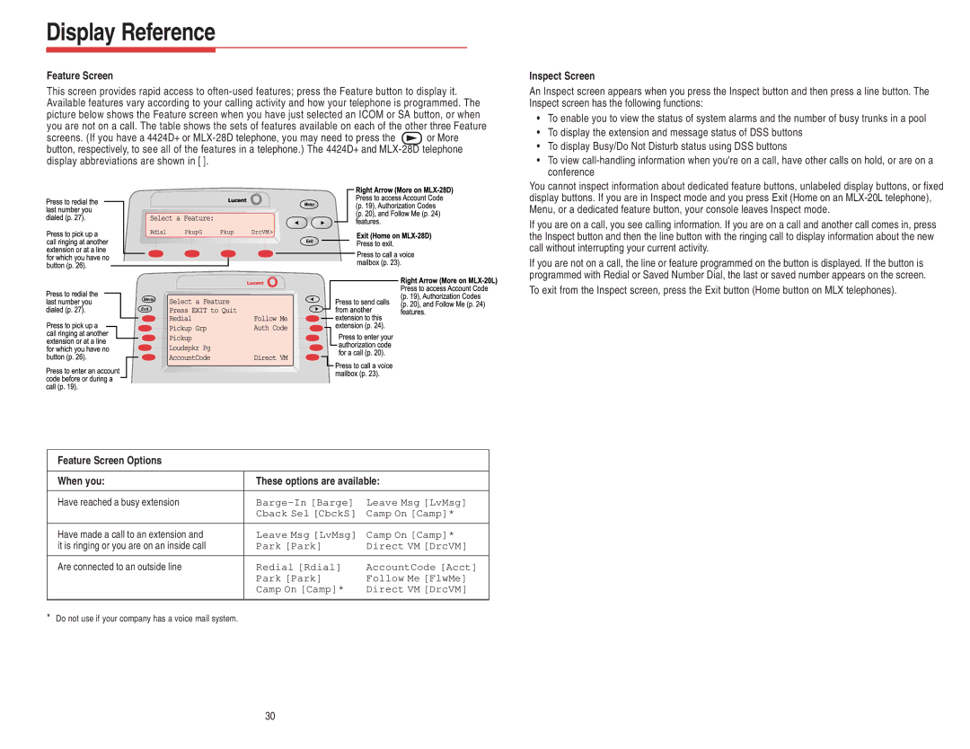 Lucent Technologies 108522426 manual Feature Screen Options When you These options are available, Inspect Screen 