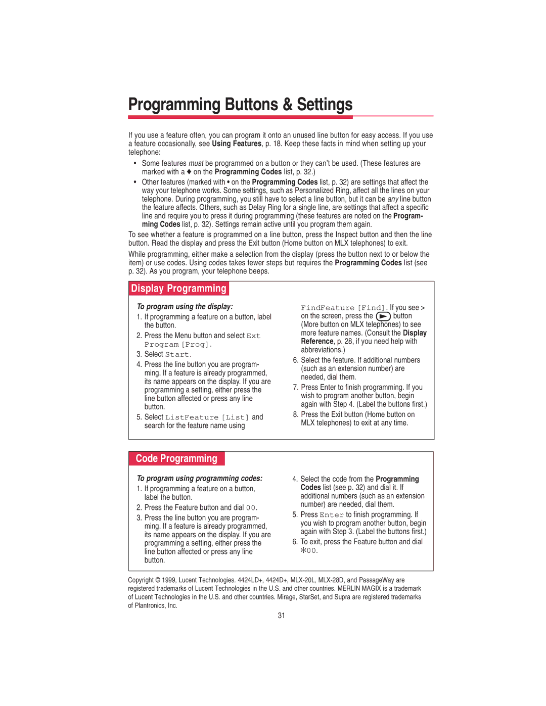 Lucent Technologies 108522426 manual Programming Buttons & Settings, Display Programming, Code Programming 