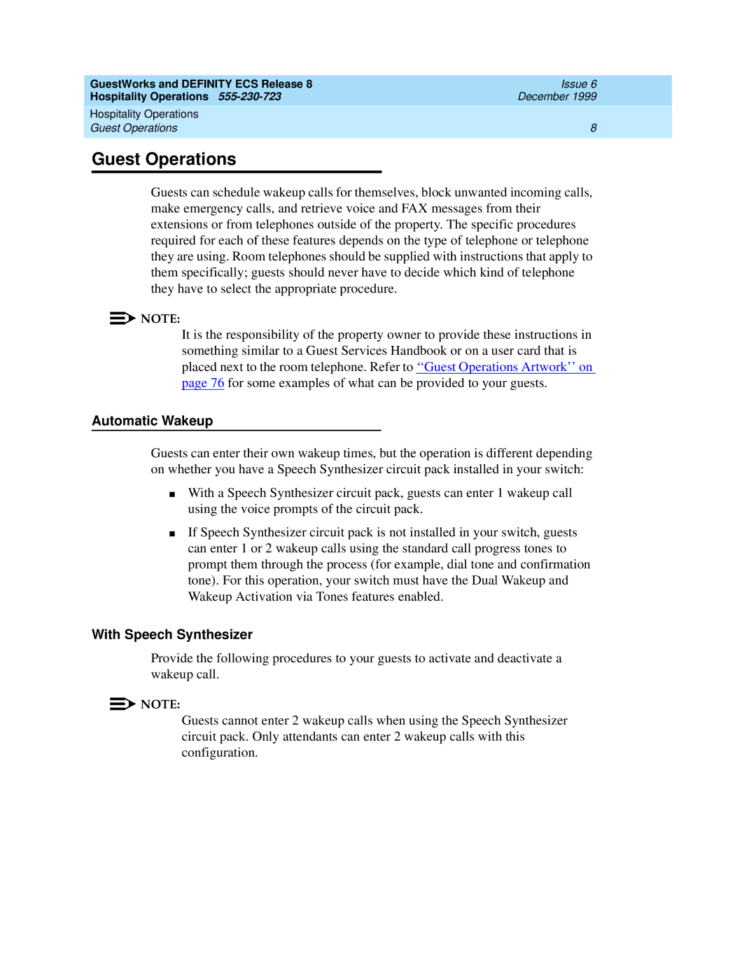 Lucent Technologies 108596560 manual Guest Operations, Automatic Wakeup, With Speech Synthesizer 