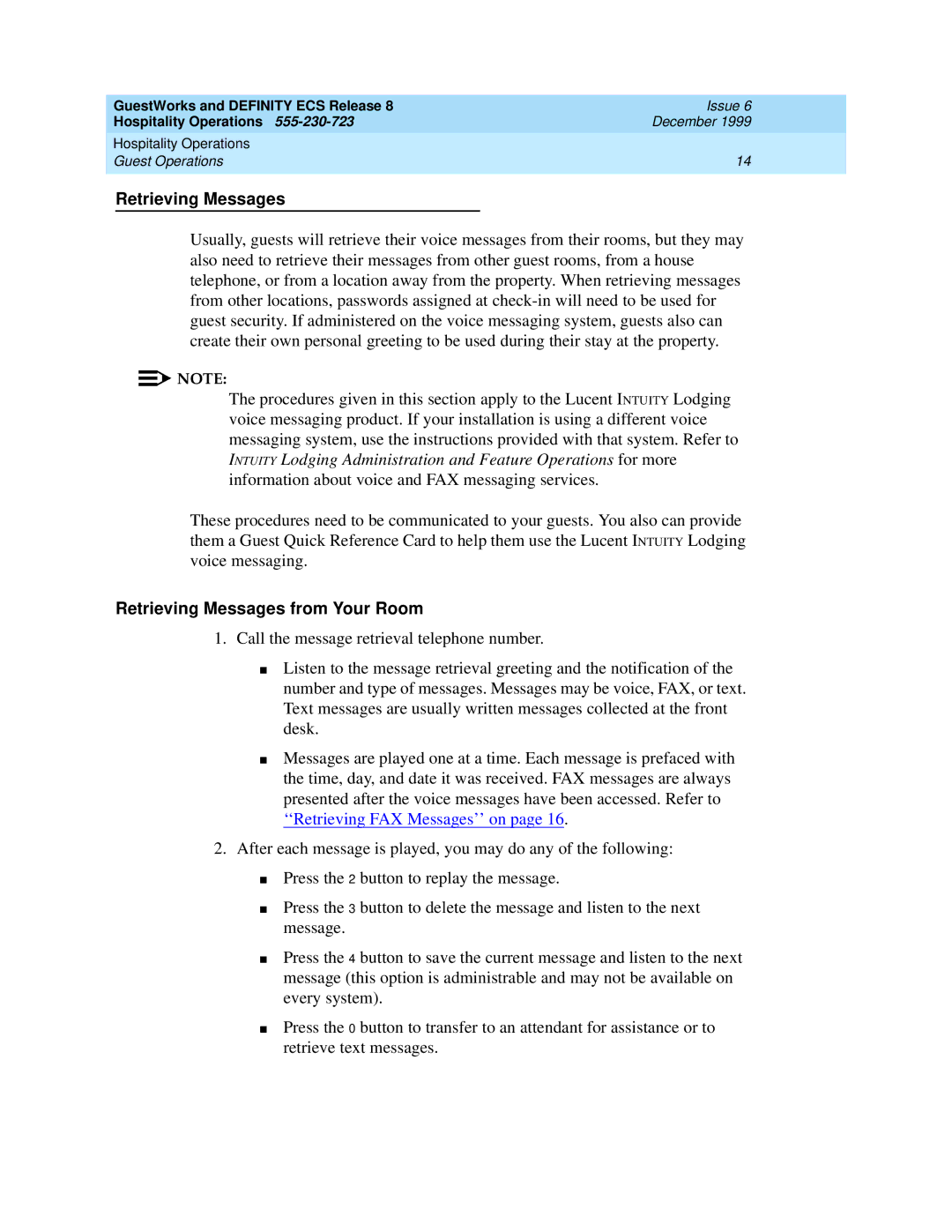 Lucent Technologies 108596560 manual Retrieving Messages from Your Room 