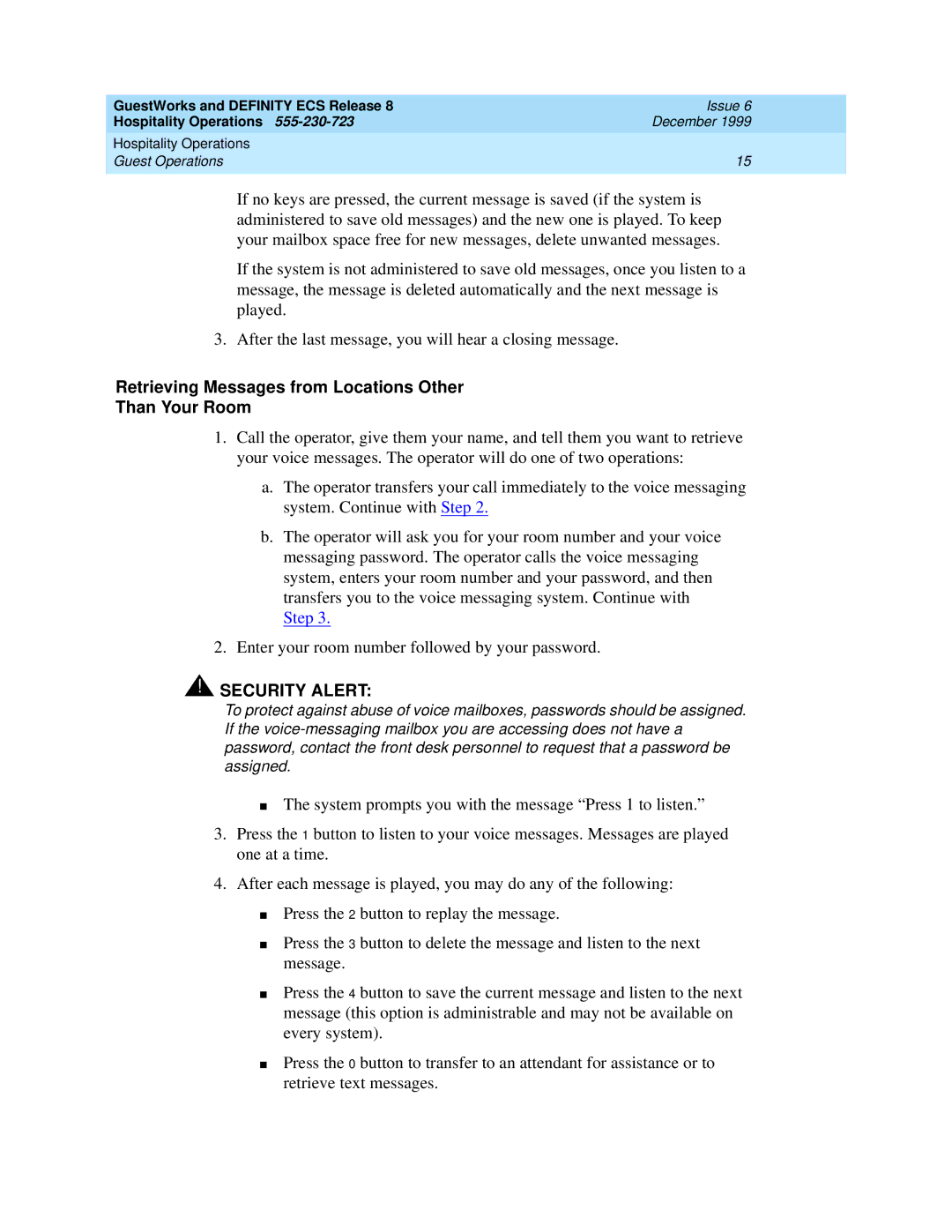 Lucent Technologies 108596560 manual Retrieving Messages from Locations Other Than Your Room, Security Alert 