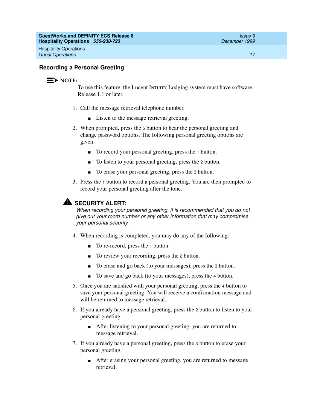 Lucent Technologies 108596560 manual Recording a Personal Greeting 