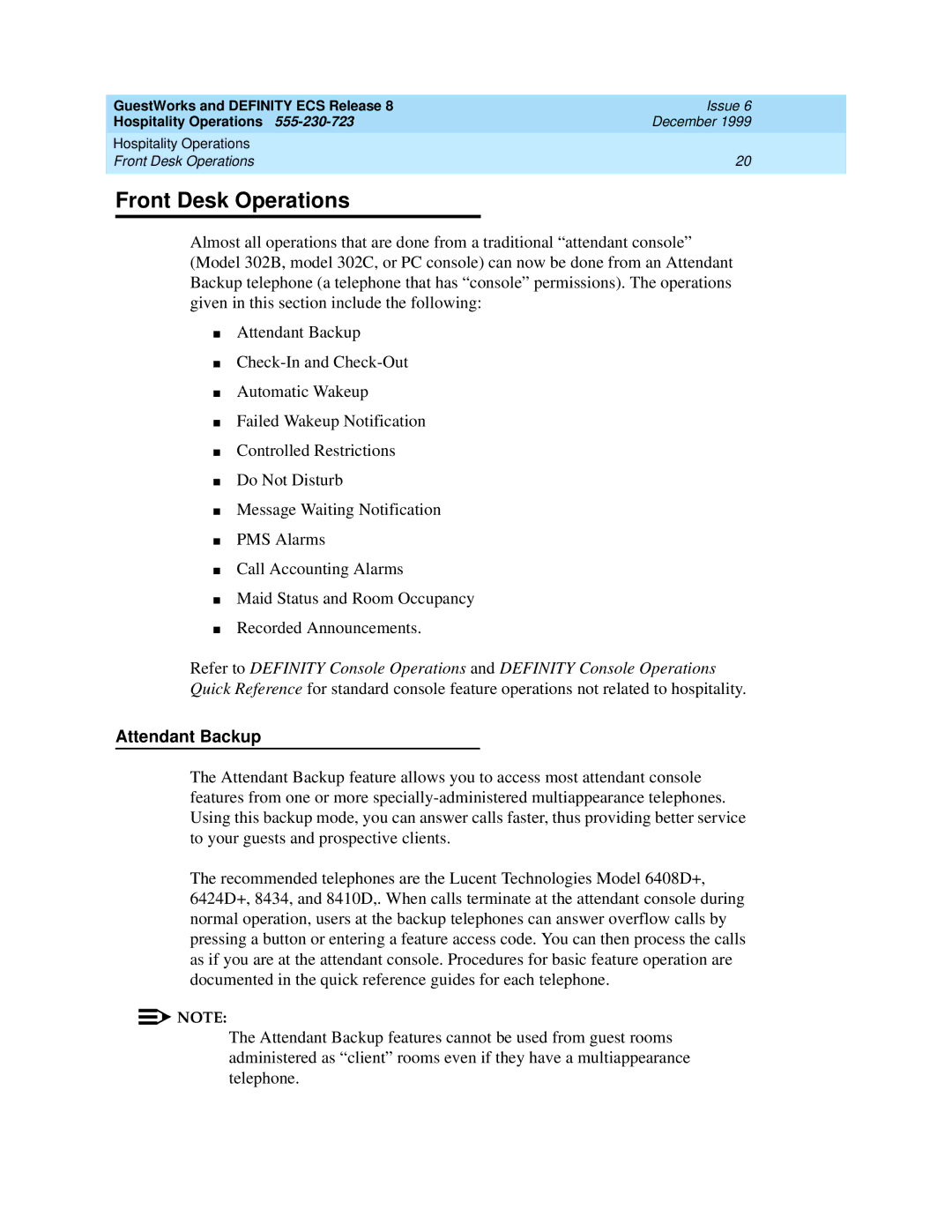 Lucent Technologies 108596560 manual Front Desk Operations, Attendant Backup 