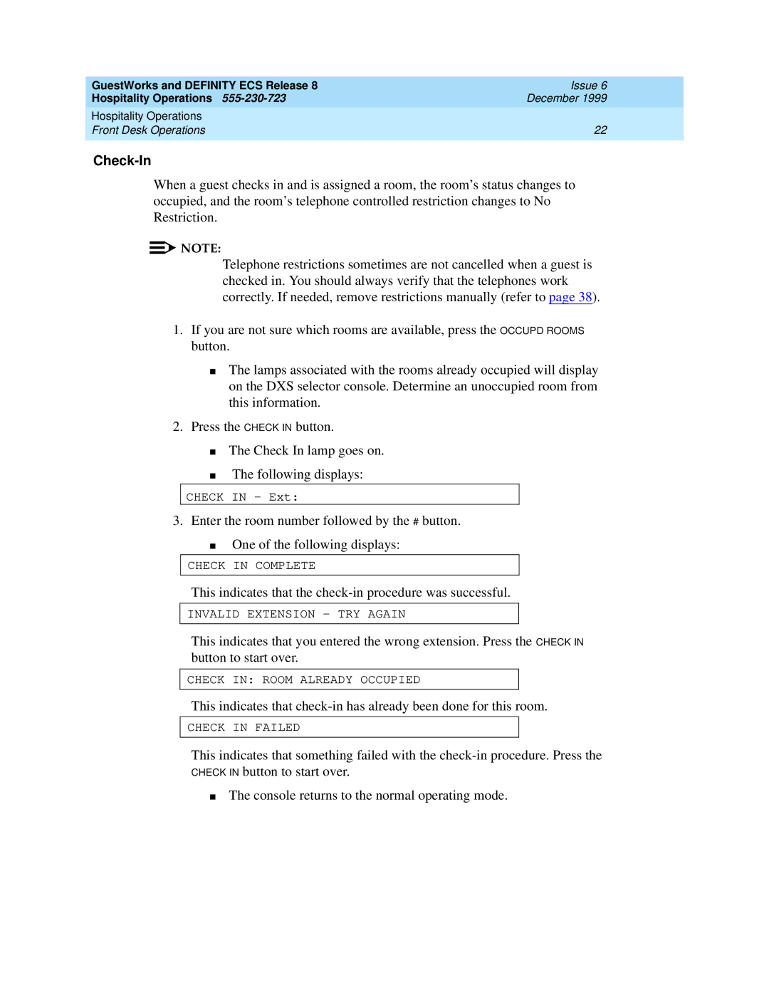 Lucent Technologies 108596560 manual Check-In 