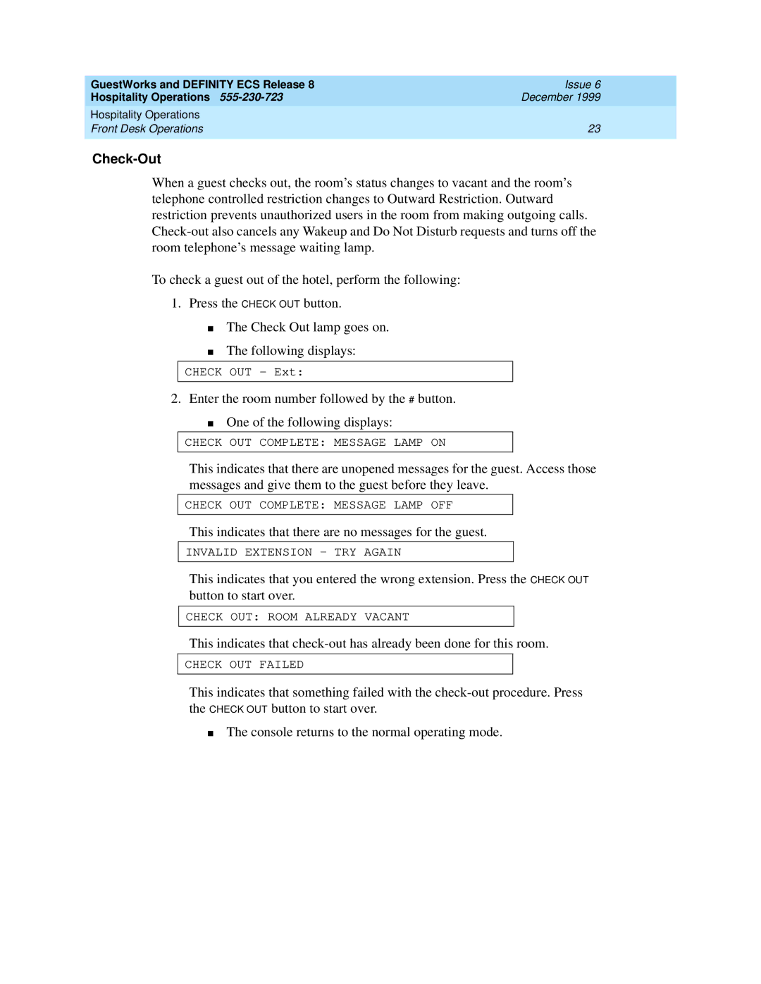 Lucent Technologies 108596560 manual Check-Out 