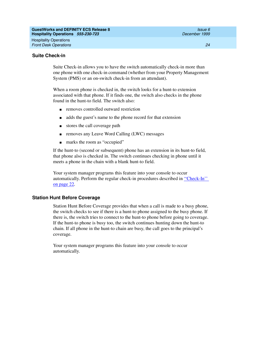 Lucent Technologies 108596560 manual Suite Check-in, Station Hunt Before Coverage 