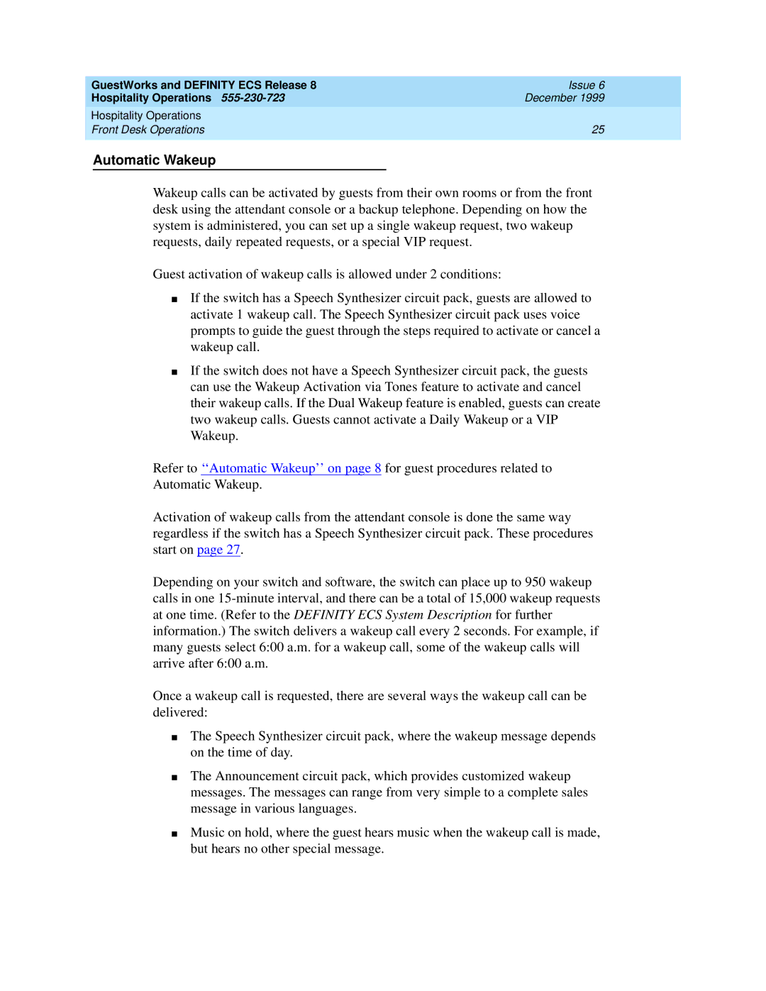 Lucent Technologies 108596560 manual Automatic Wakeup 