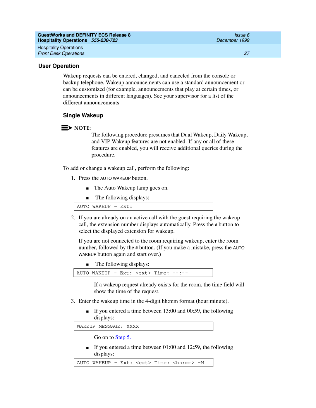 Lucent Technologies 108596560 manual User Operation, Single Wakeup 