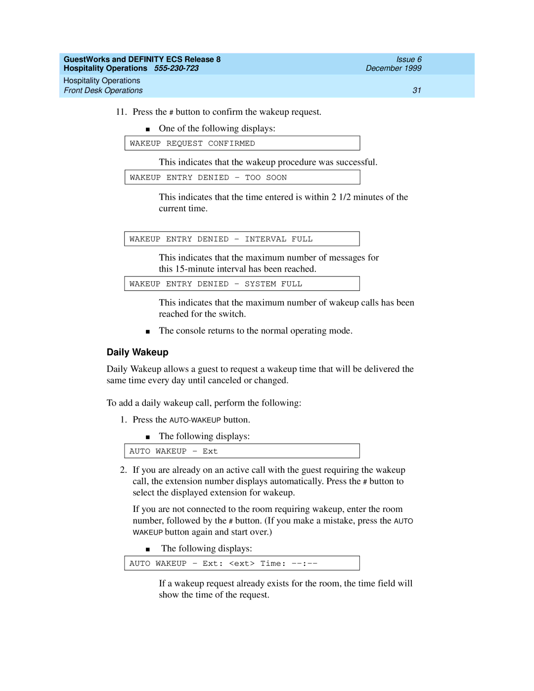 Lucent Technologies 108596560 manual Daily Wakeup 