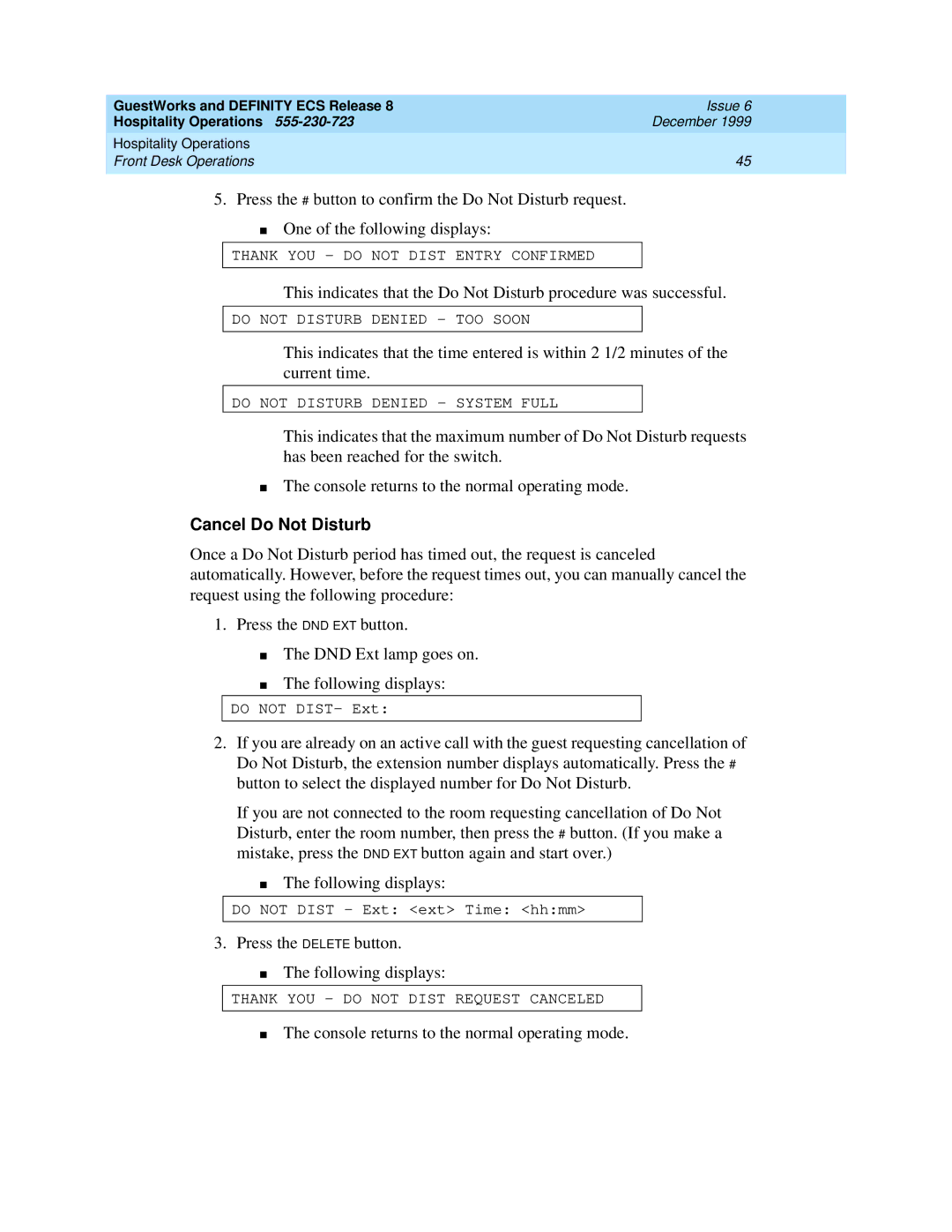 Lucent Technologies 108596560 manual Cancel Do Not Disturb 