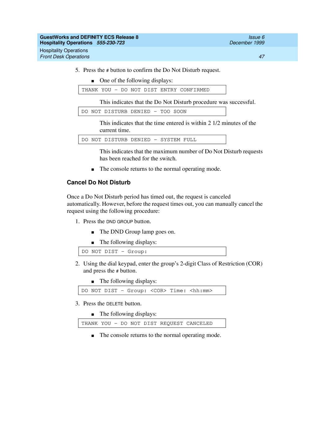 Lucent Technologies 108596560 manual Cancel Do Not Disturb 