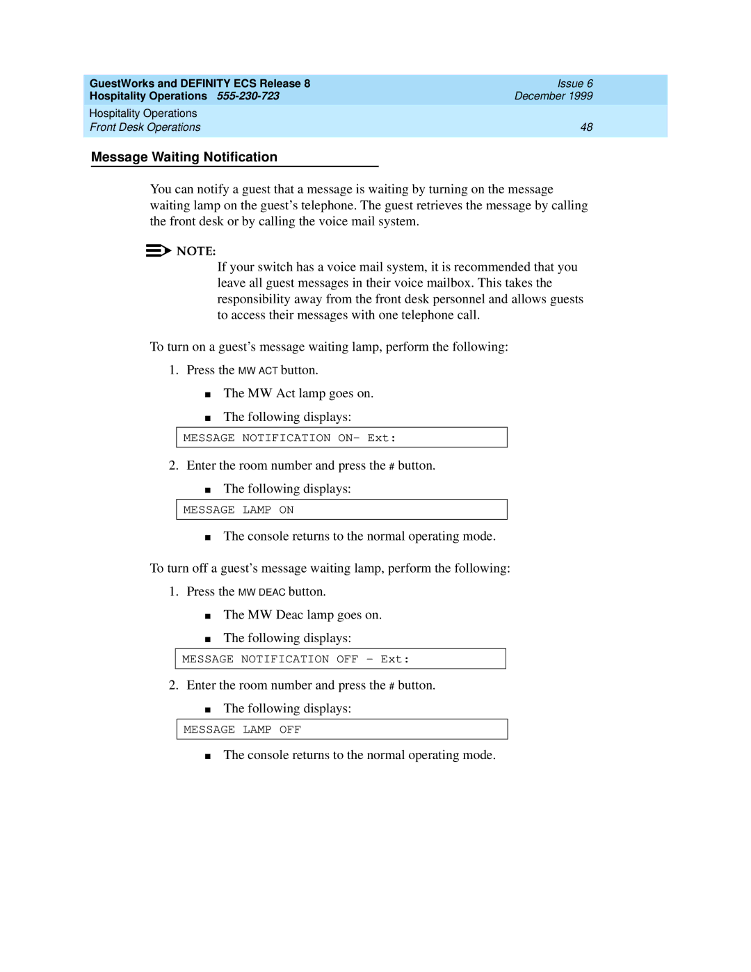 Lucent Technologies 108596560 manual Message Waiting Notification 