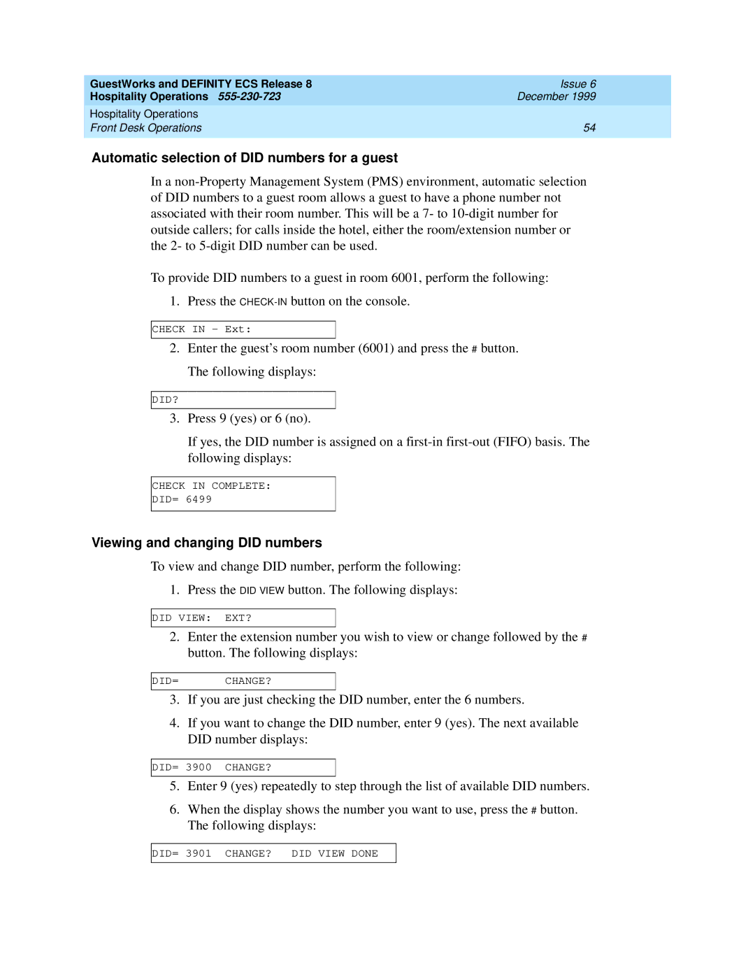 Lucent Technologies 108596560 manual Automatic selection of did numbers for a guest, Viewing and changing did numbers 