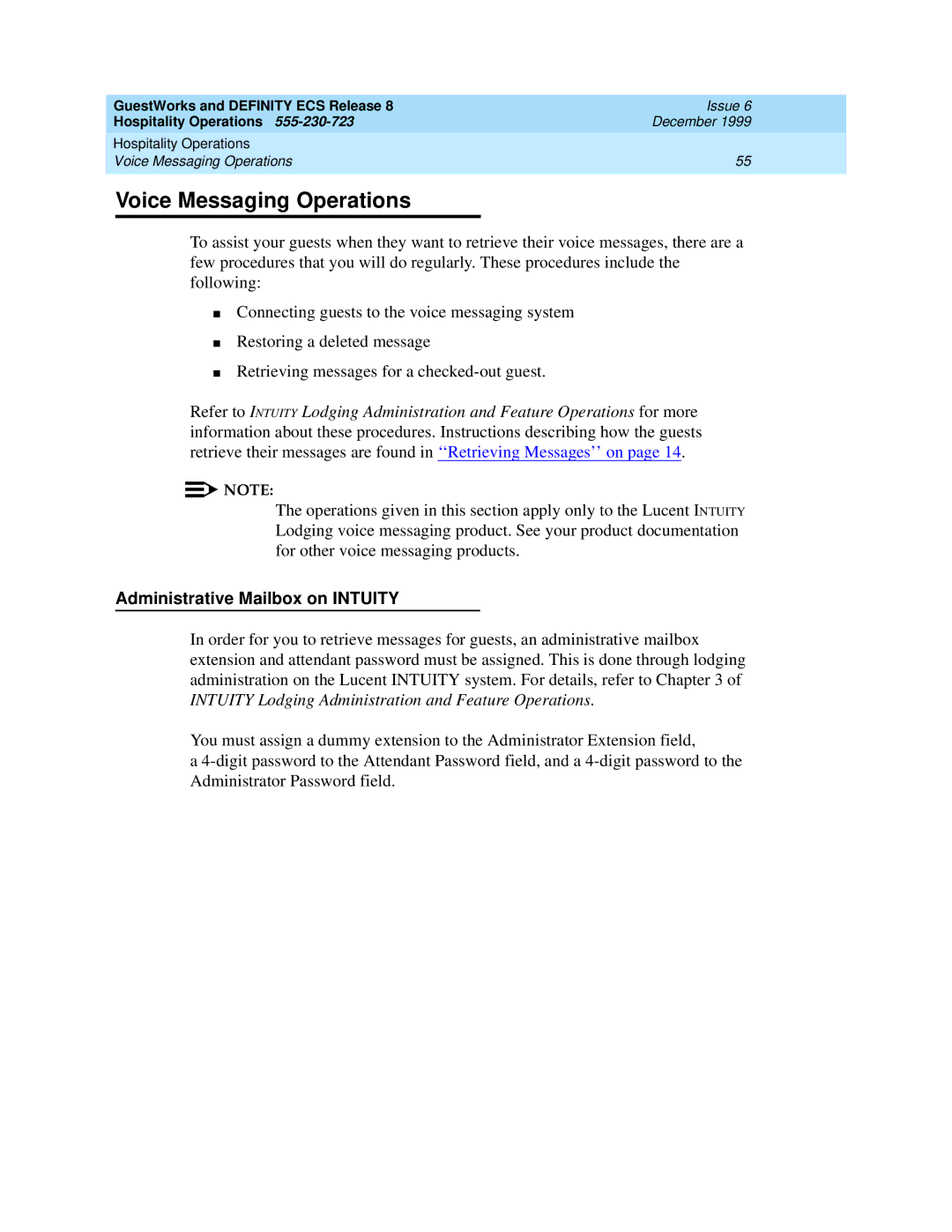 Lucent Technologies 108596560 manual Voice Messaging Operations, Administrative Mailbox on Intuity 