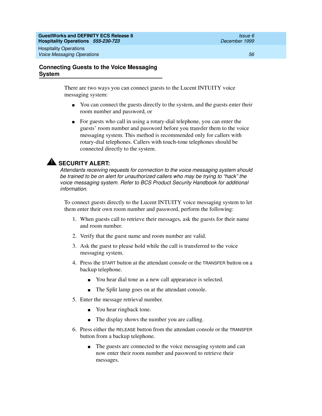 Lucent Technologies 108596560 manual Connecting Guests to the Voice Messaging System 