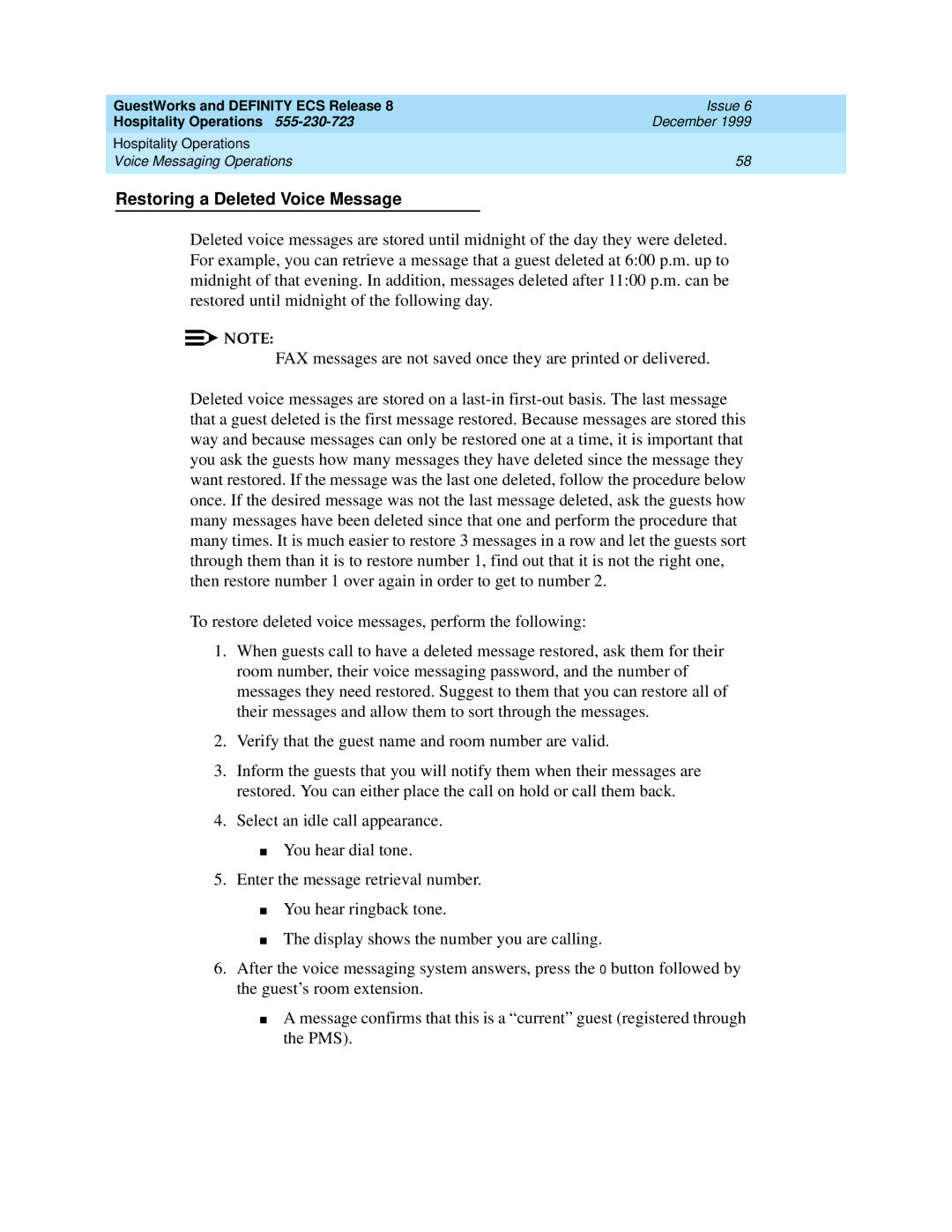 Lucent Technologies 108596560 manual Restoring a Deleted Voice Message 