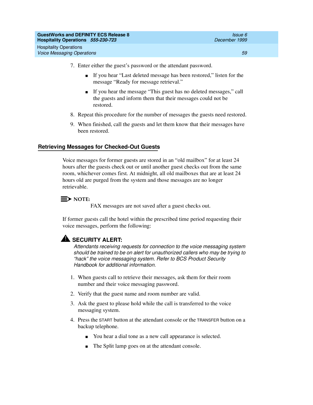 Lucent Technologies 108596560 manual Retrieving Messages for Checked-Out Guests 