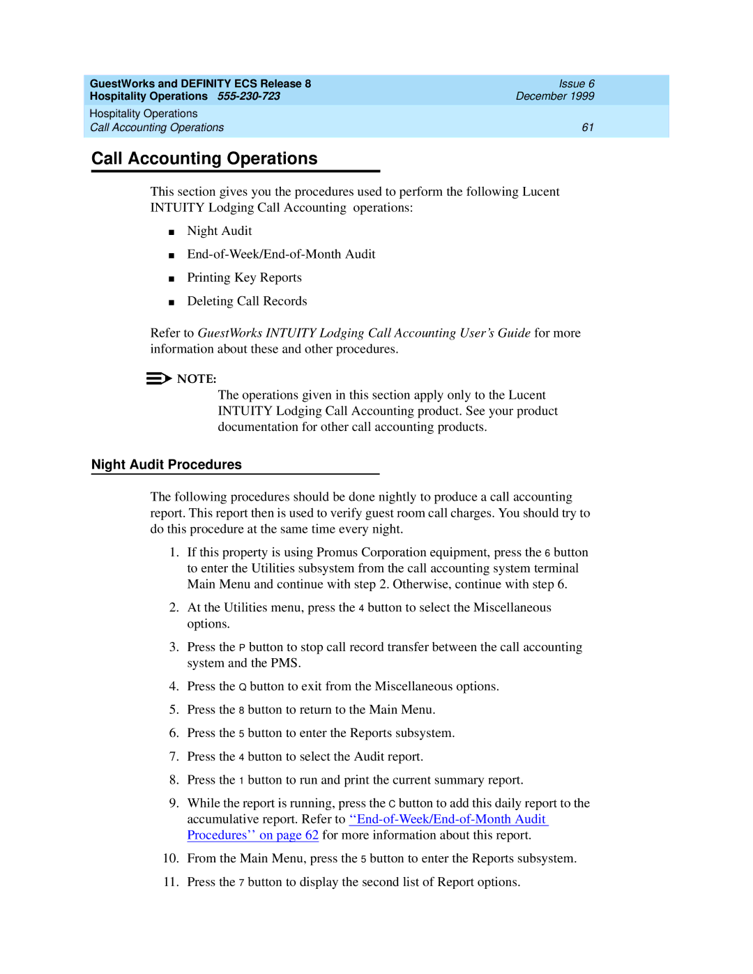 Lucent Technologies 108596560 manual Call Accounting Operations, Night Audit Procedures 