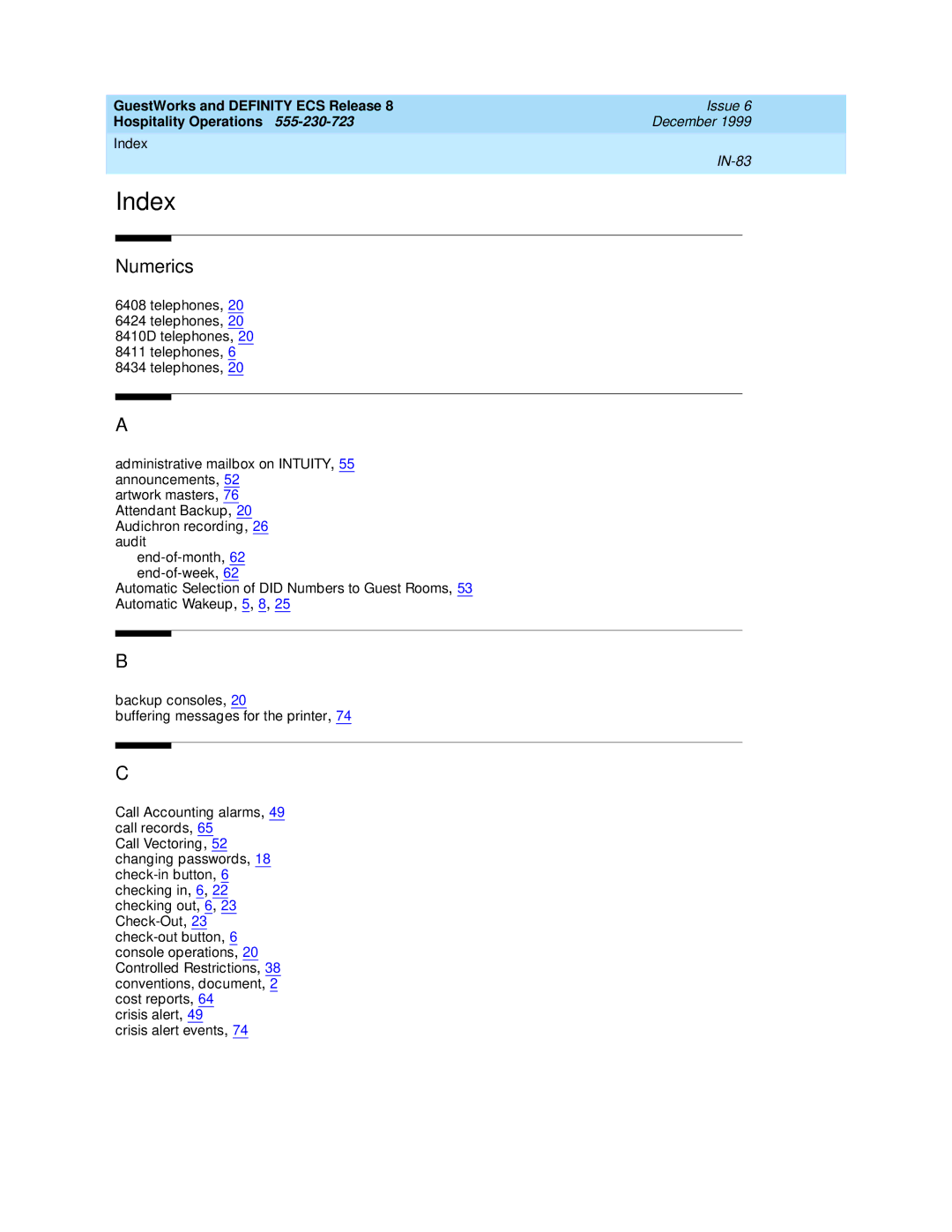 Lucent Technologies 108596560 manual Index 