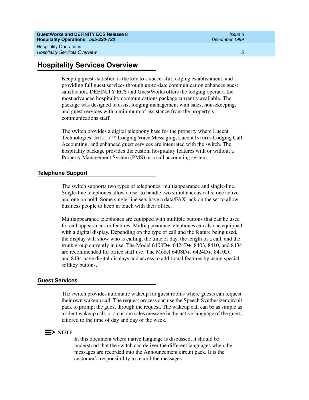 Lucent Technologies 108596560 manual Hospitality Services Overview, Telephone Support, Guest Services 