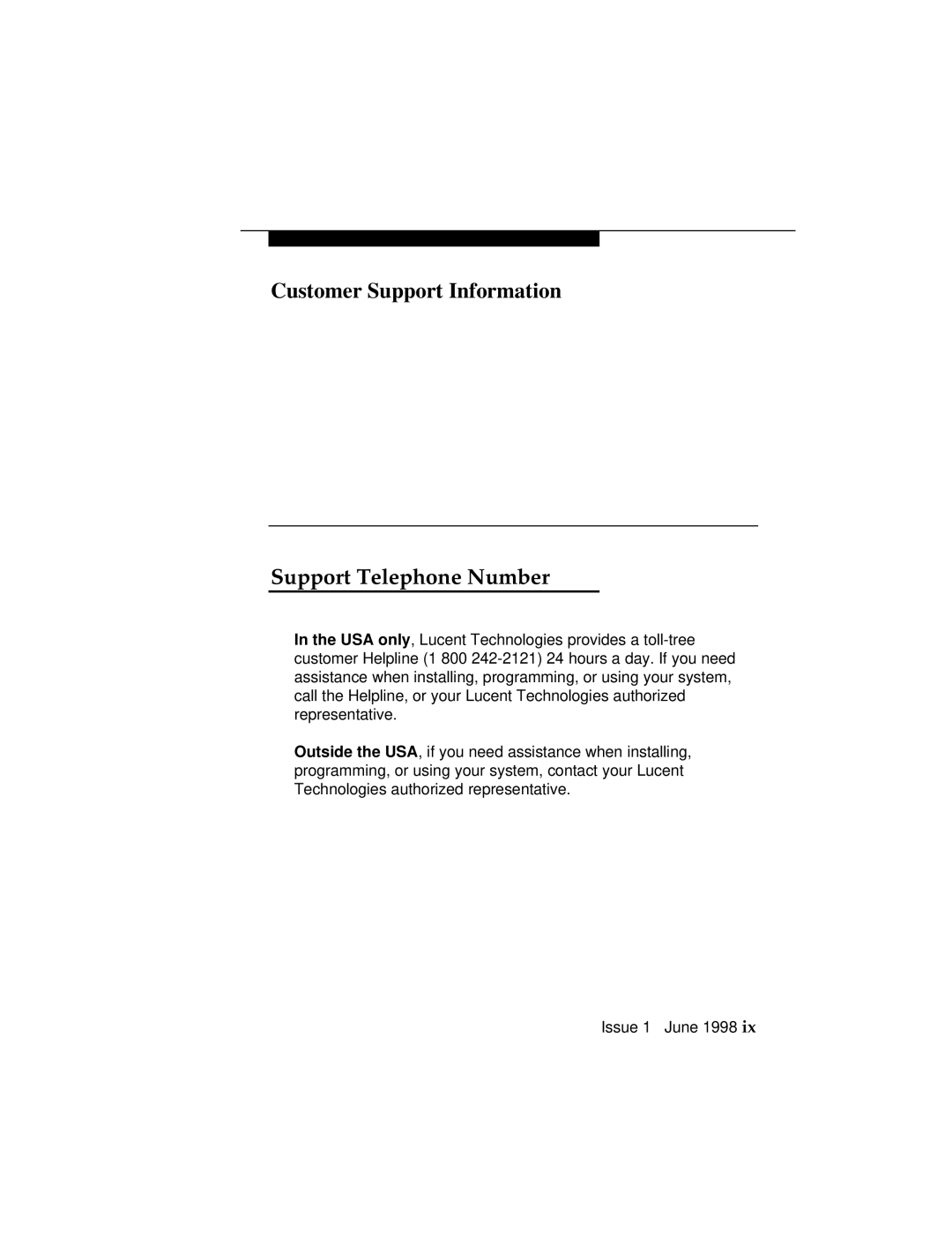 Lucent Technologies 1100 manual Customer Support Information Support Telephone Number 