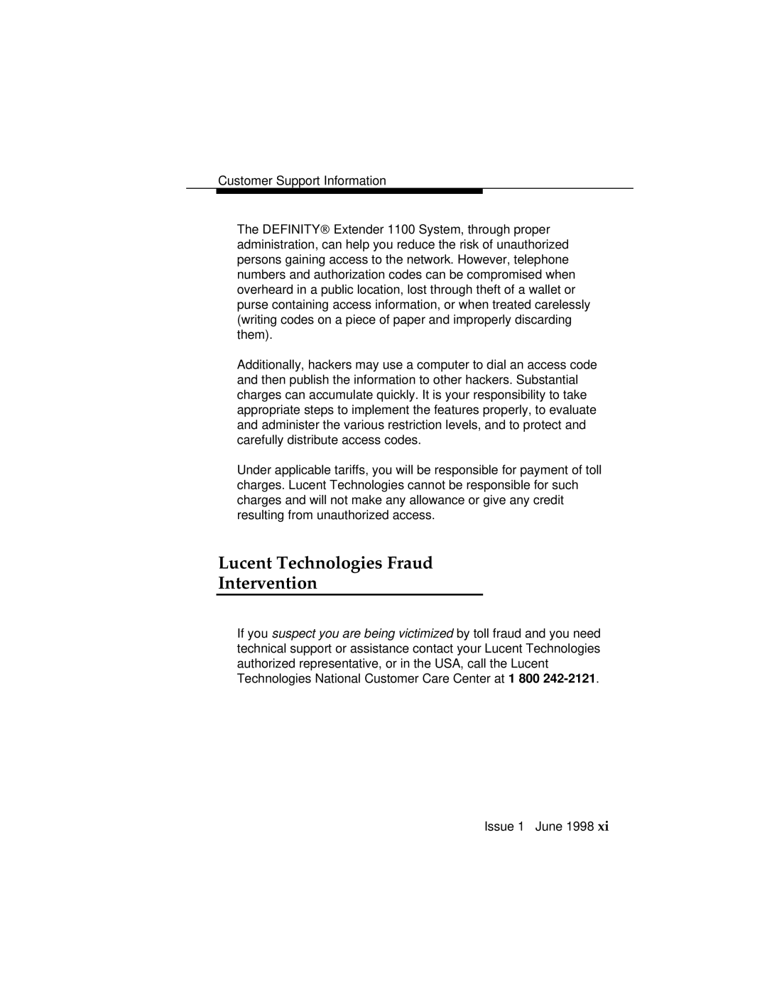 Lucent Technologies 1100 manual Lucent Technologies Fraud Intervention 