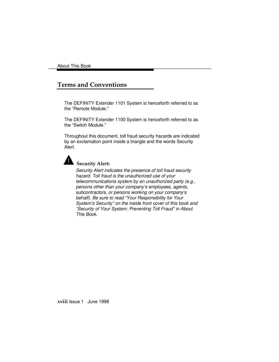 Lucent Technologies 1100 manual Terms and Conventions, Security Alert 