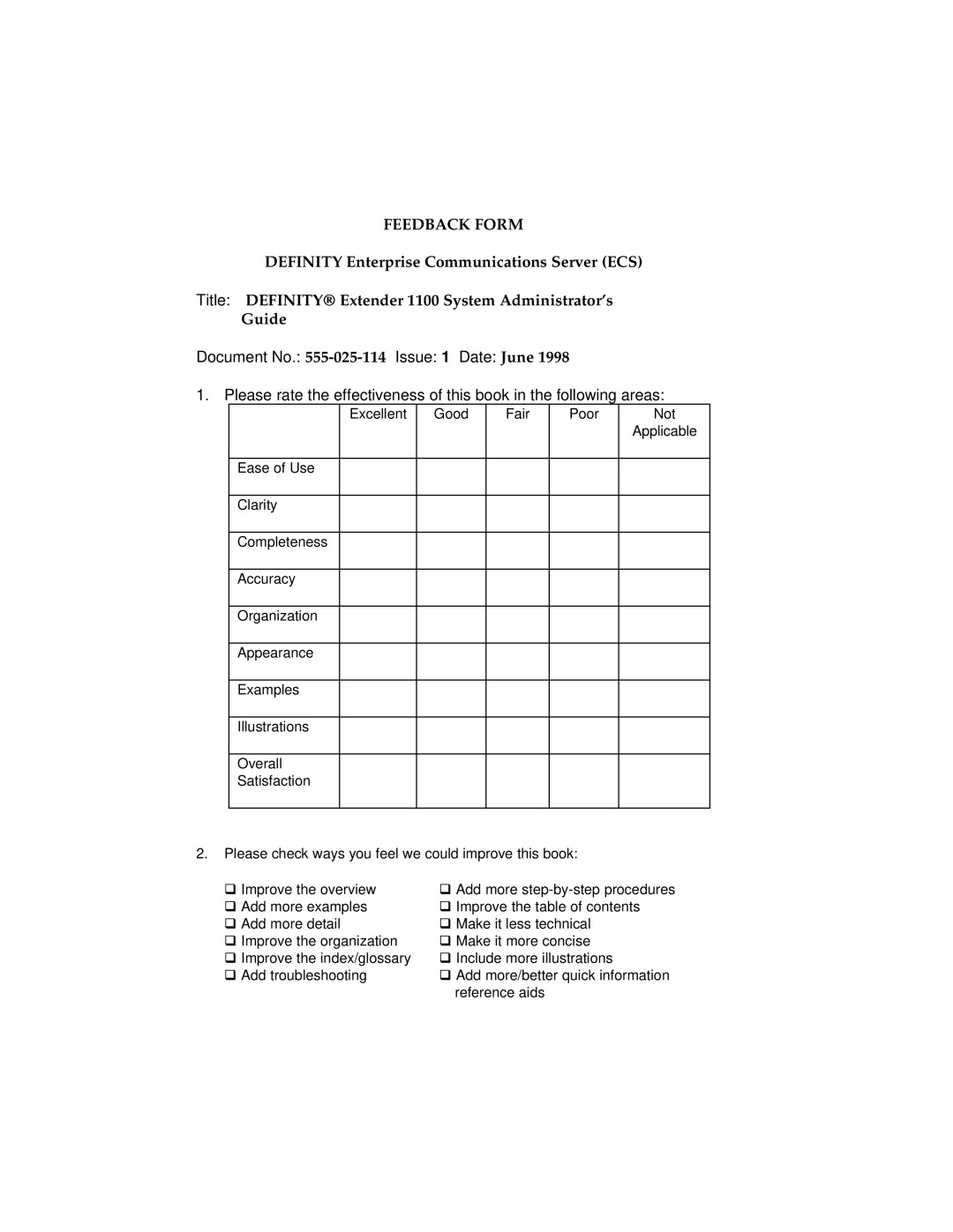 Lucent Technologies 1100 manual Feedback Form 