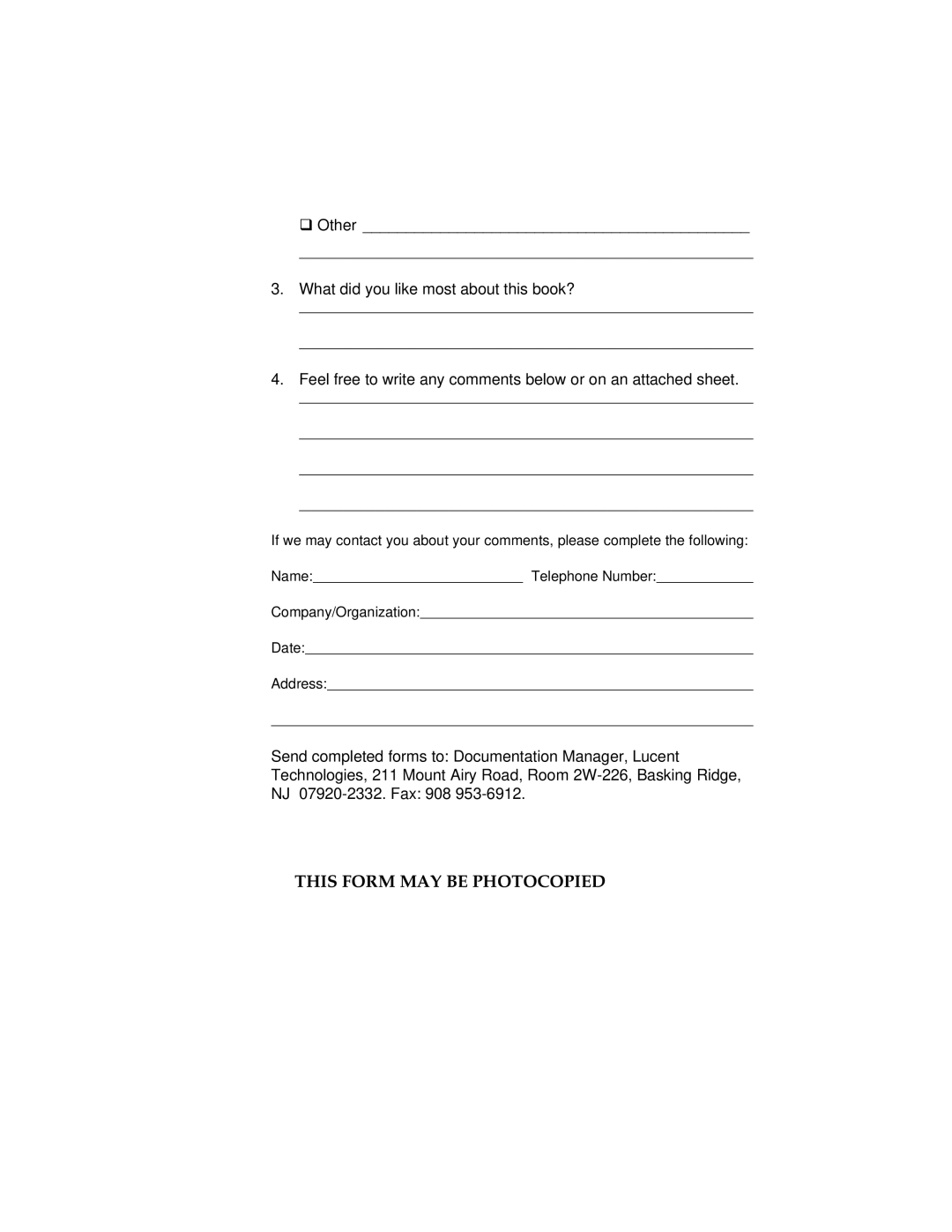 Lucent Technologies 1100 manual This Form MAY be Photocopied 