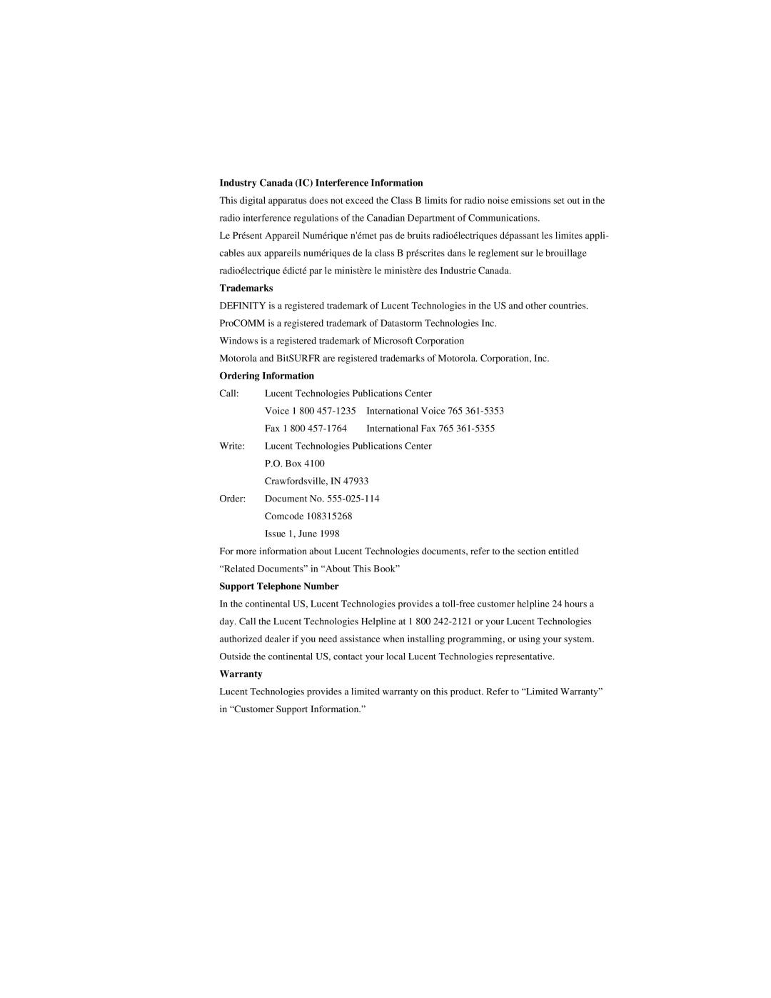 Lucent Technologies 1100 manual Industry Canada IC Interference Information 