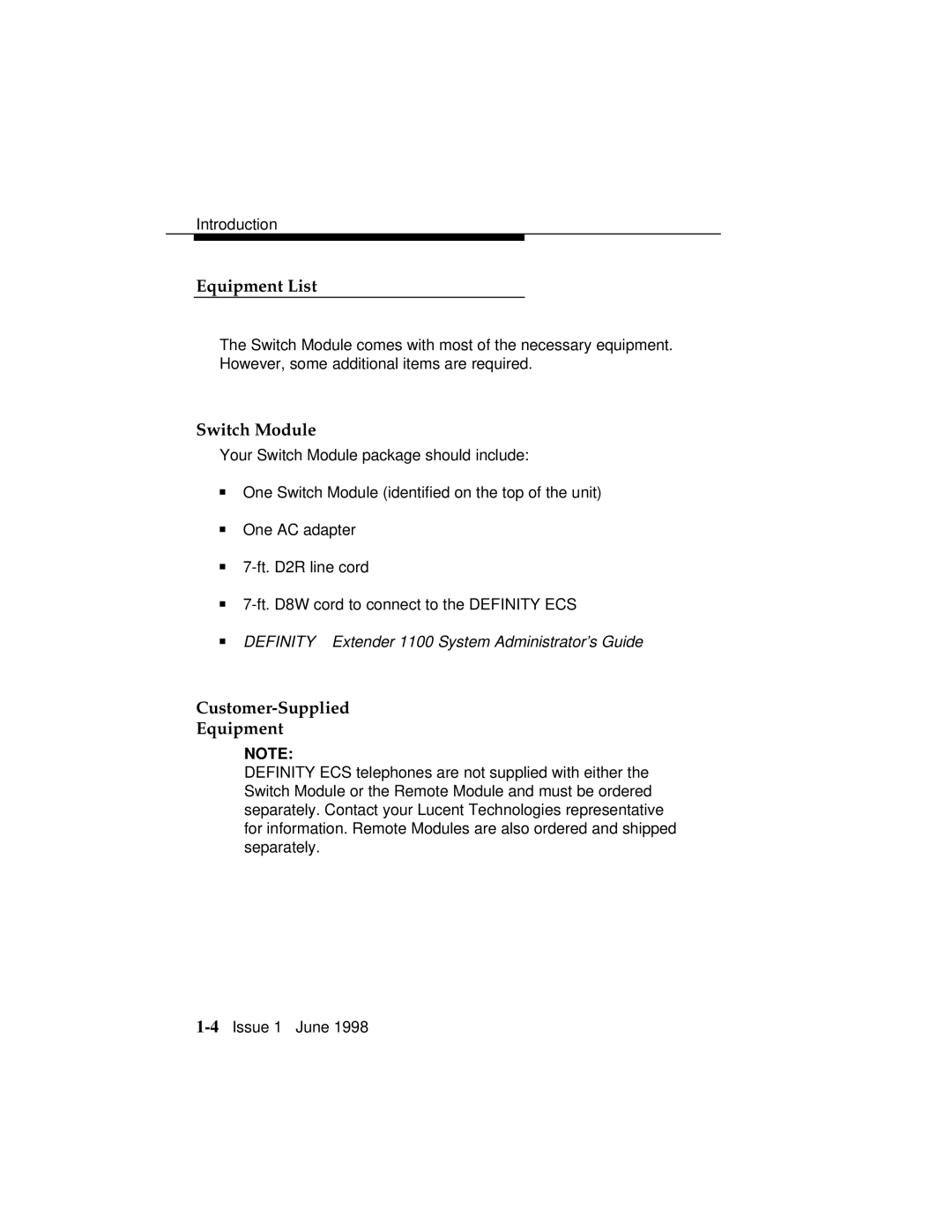 Lucent Technologies 1100 manual Equipment List, Switch Module, Customer-Supplied Equipment 