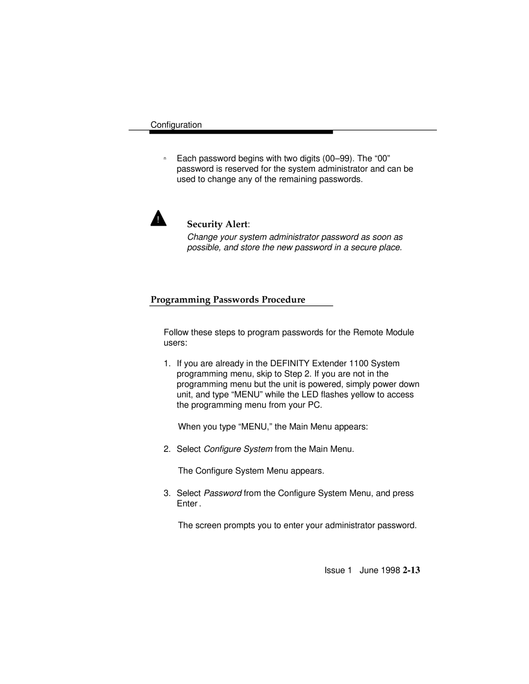 Lucent Technologies 1100 manual Security Alert, Programming Passwords Procedure 