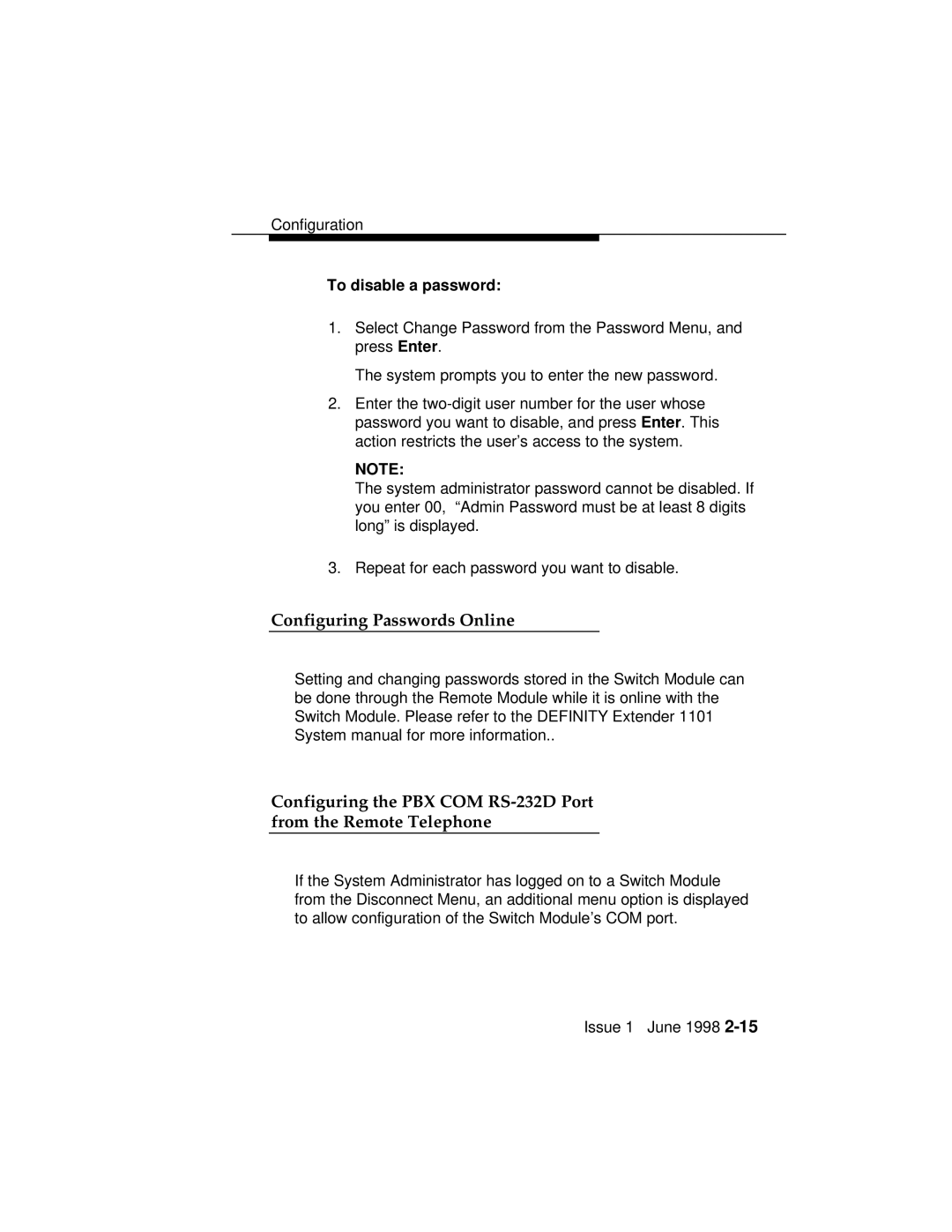 Lucent Technologies 1100 manual Configuring Passwords Online, To disable a password 