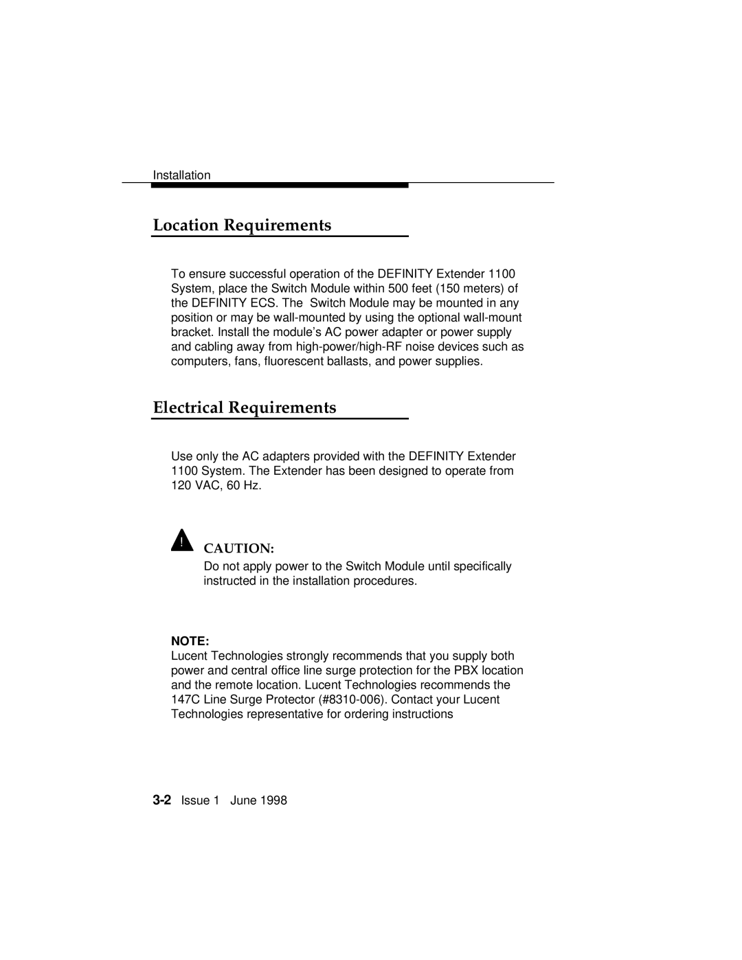 Lucent Technologies 1100 manual Location Requirements, Electrical Requirements 