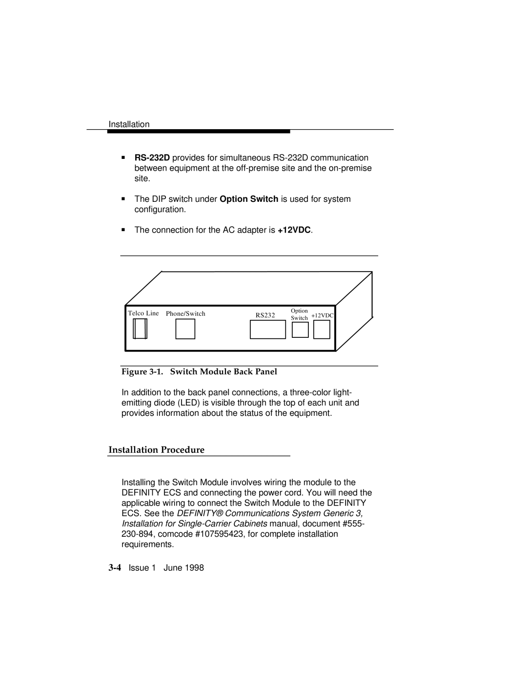 Lucent Technologies 1100 manual Installation Procedure, Switch Module Back Panel 