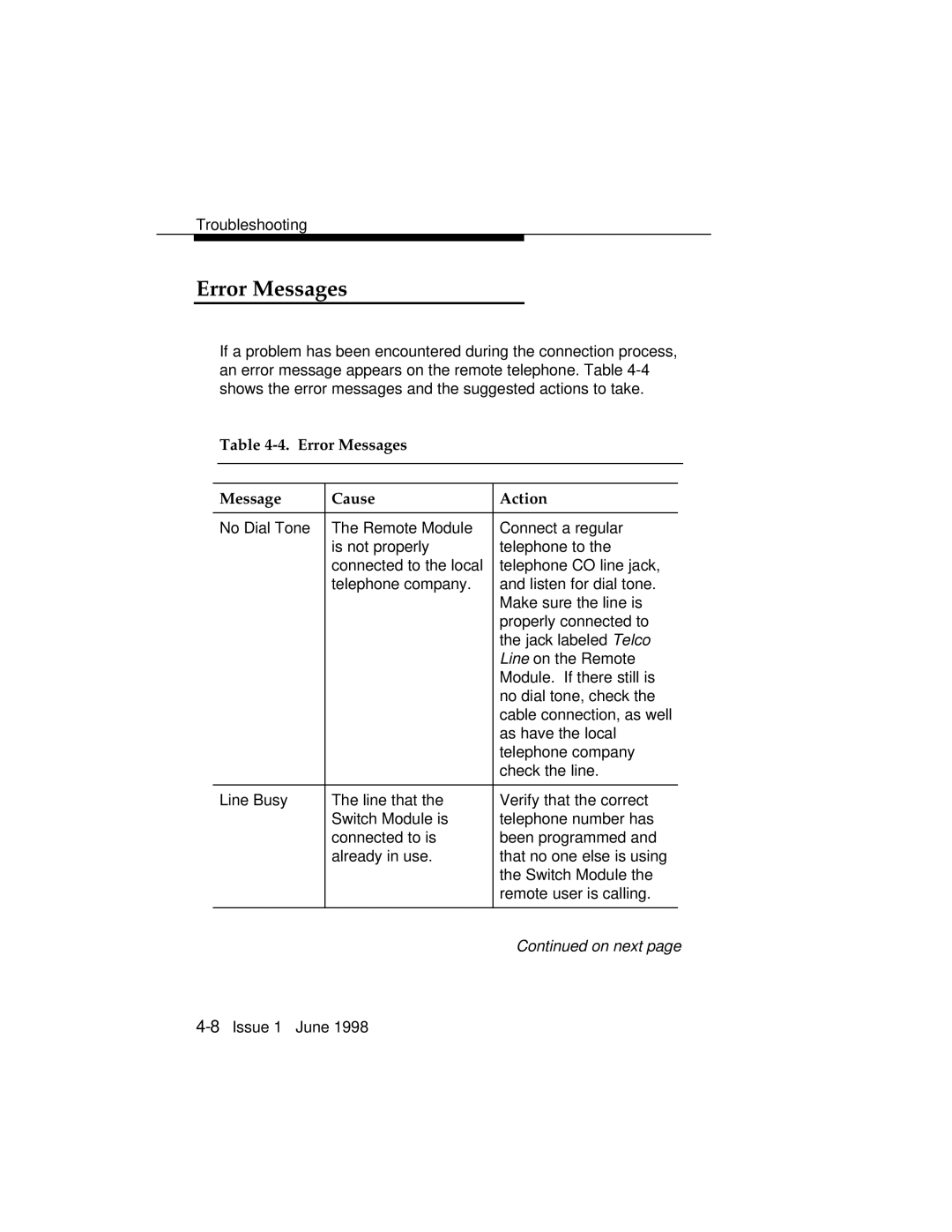 Lucent Technologies 1100 manual Error Messages Cause Action 