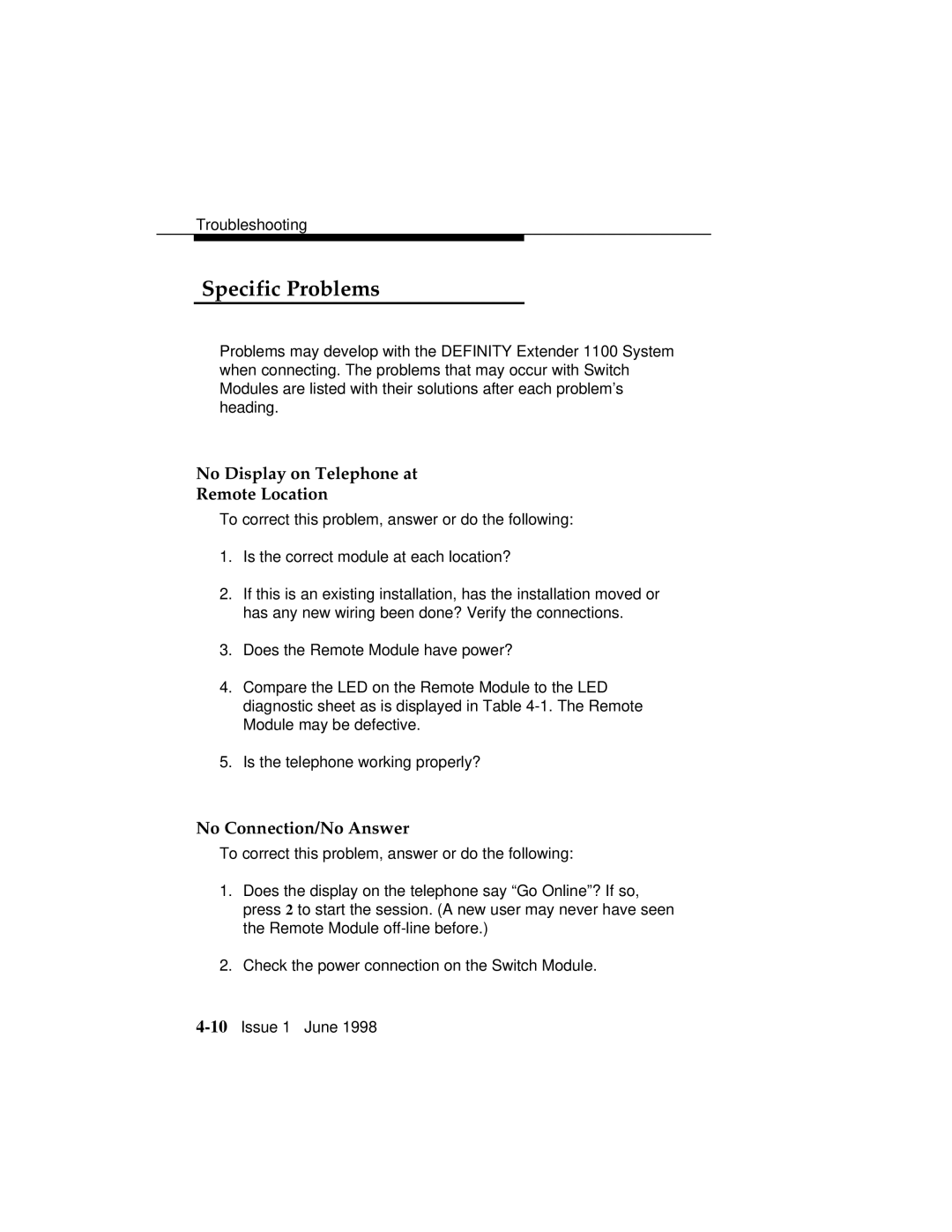 Lucent Technologies 1100 manual Specific Problems, No Display on Telephone at Remote Location, No Connection/No Answer 