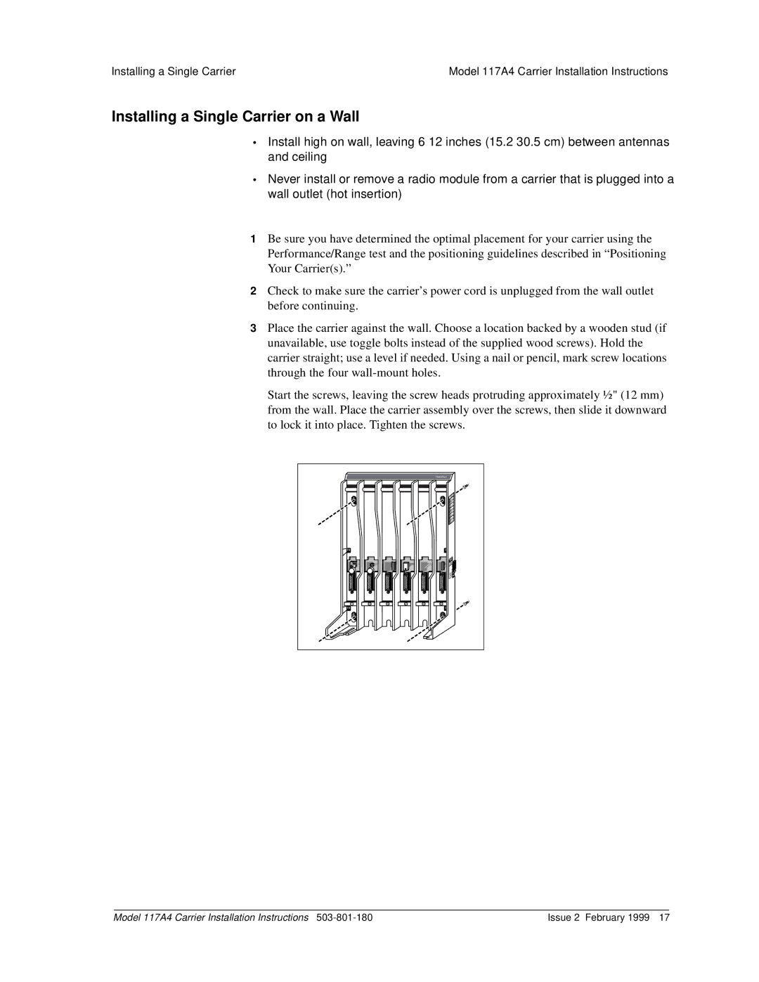 Lucent Technologies 117A4 installation instructions Installing a Single Carrier on a Wall 