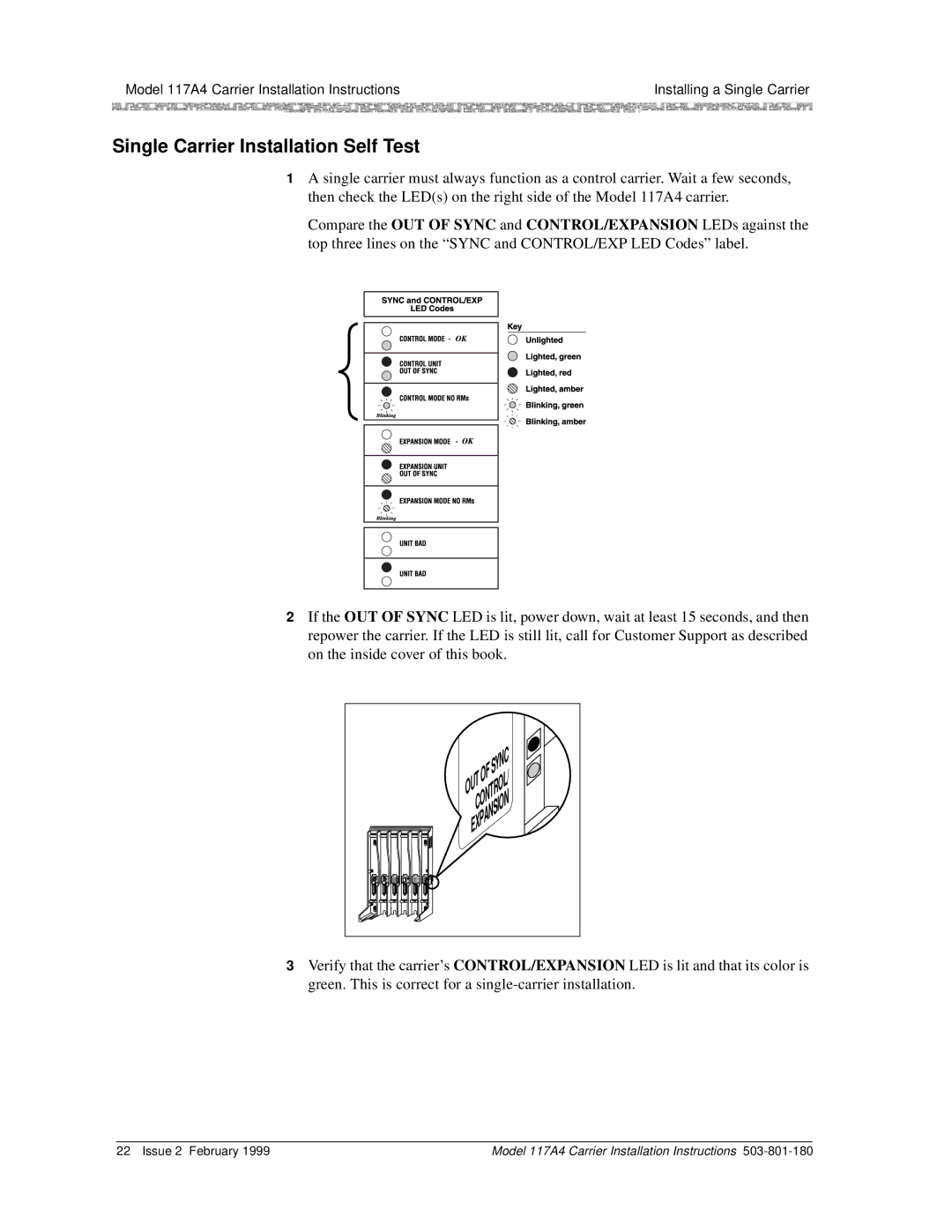 Lucent Technologies 117A4 installation instructions Single Carrier Installation Self Test, Control 