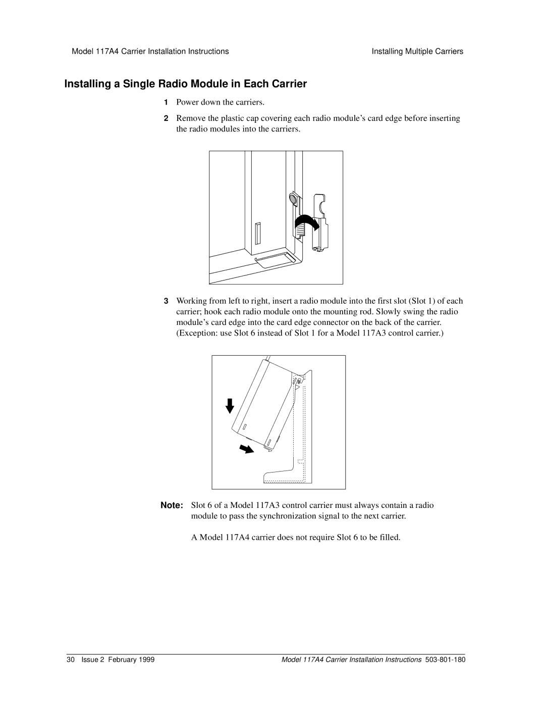 Lucent Technologies 117A4 installation instructions Installing a Single Radio Module in Each Carrier 