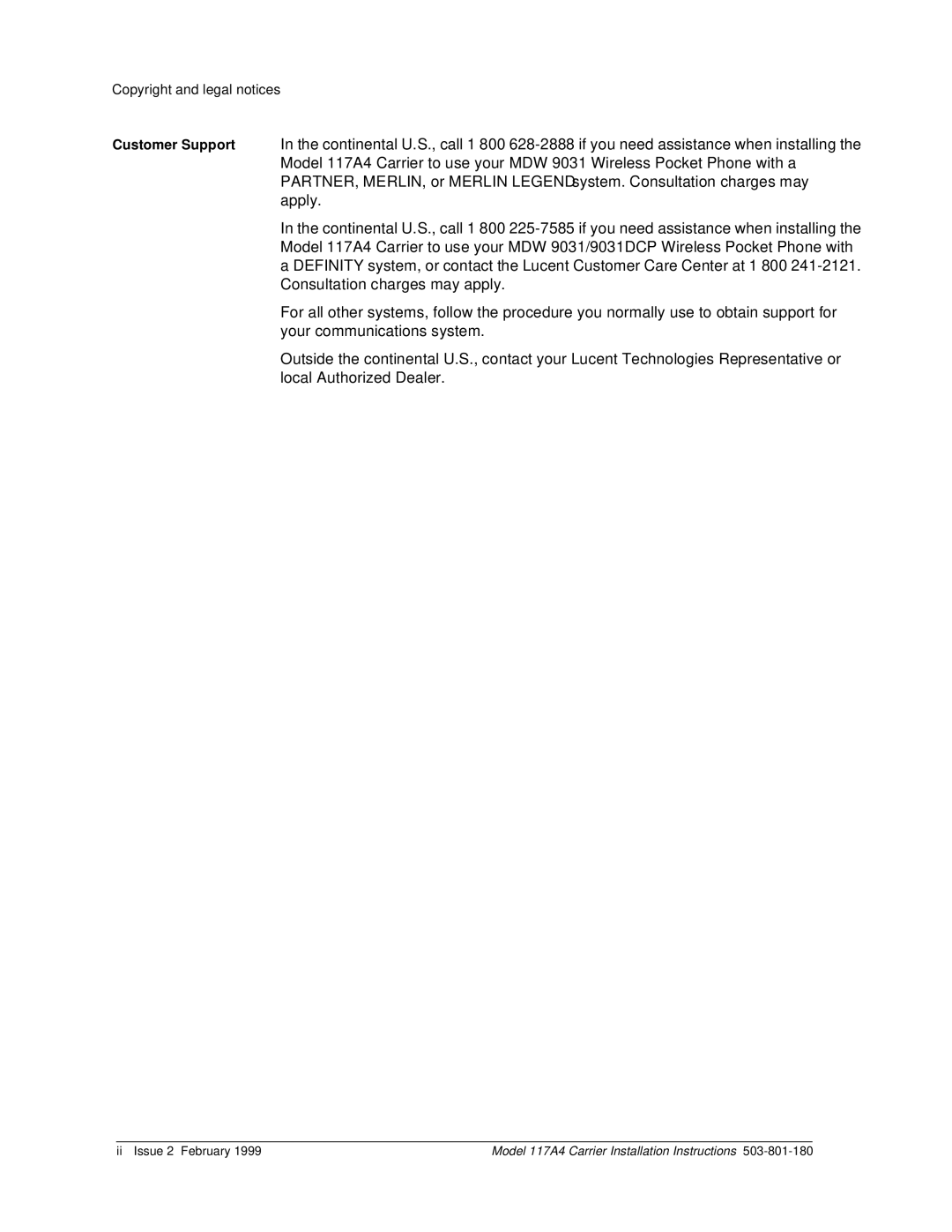 Lucent Technologies 117A4 installation instructions Copyright and legal notices 