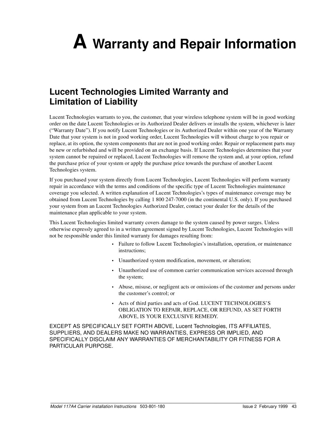 Lucent Technologies 117A4 installation instructions Warranty and Repair Information 