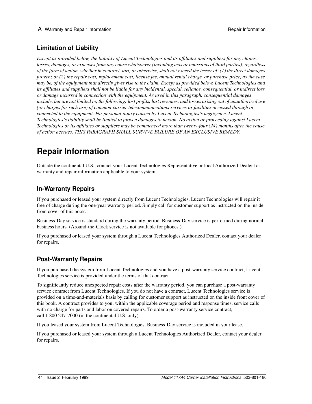 Lucent Technologies 117A4 installation instructions Limitation of Liability, In-Warranty Repairs, Post-Warranty Repairs 