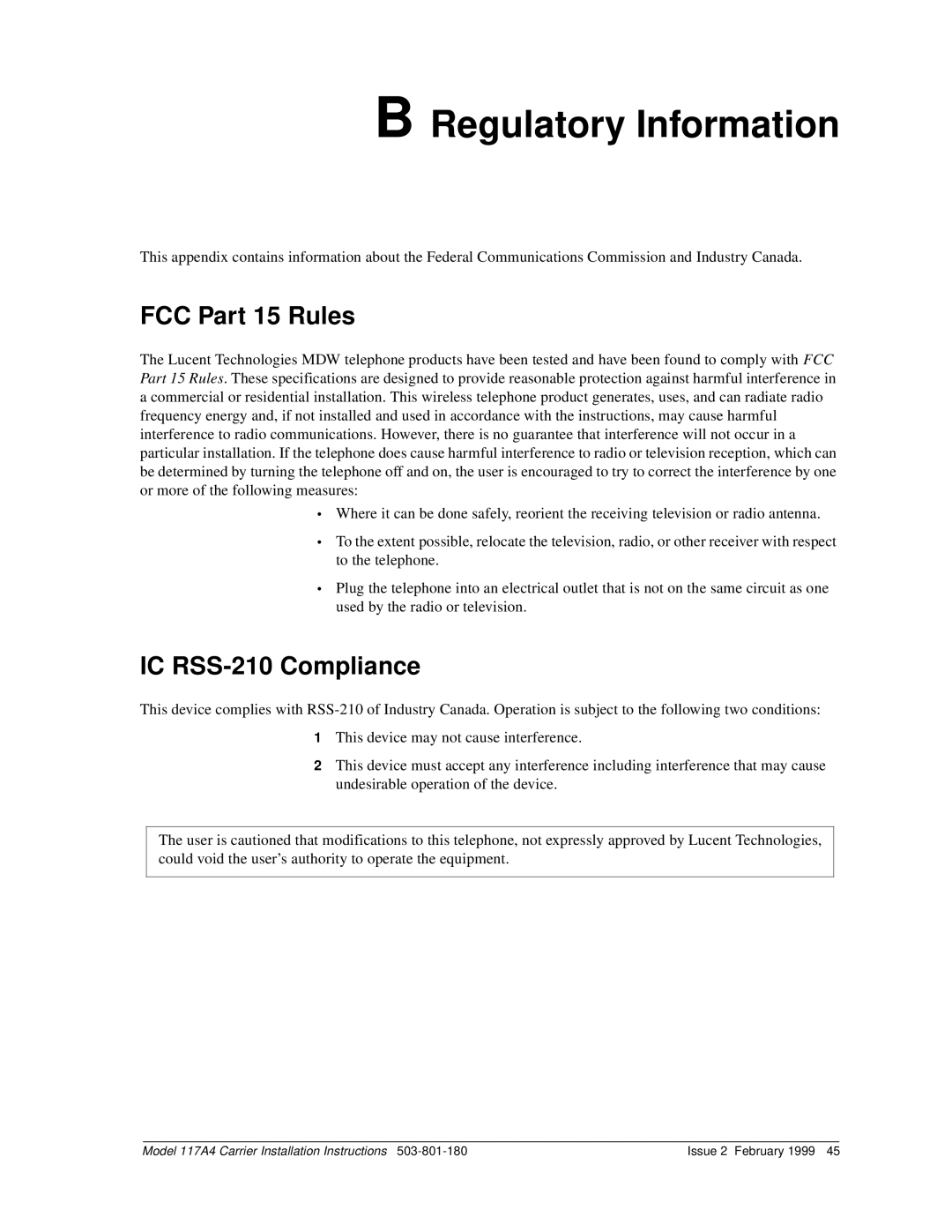 Lucent Technologies 117A4 installation instructions Regulatory Information 